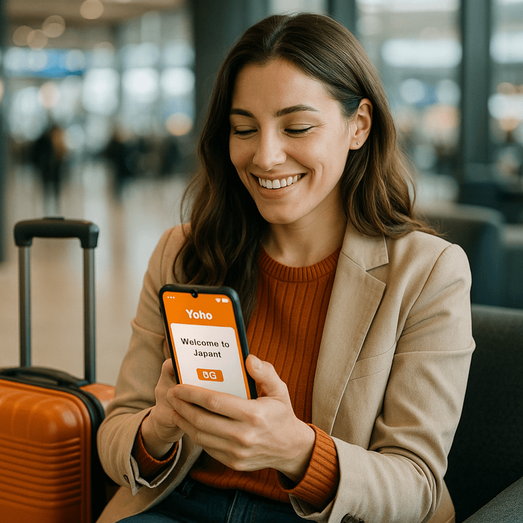 A happy traveler in a Japanese airport using her Yoho Mobile eSIM for instant 5G connectivity upon landing.